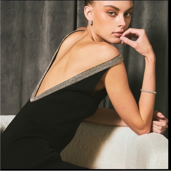 New Endless Rose Jewel Trim Mini Knit Dress Elegant Open Black Sleeveless Sz M - Picture 3 of 15